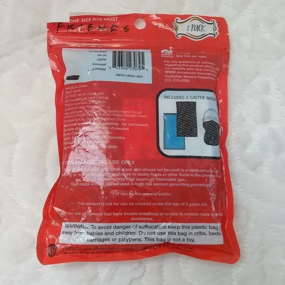 Friends Adult Gaiter Mask 2 Pack Friends TV Series Logo & Solid Blue New OOS
